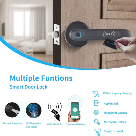 Fingerprint Door Lock With App Control And Keyless Entry Handle For Home Apartment Office Or Hotel Unlock In 0.5 Seconds 99% Accurate Sensor Supports Card Mechanical Key And Passcode, showing smart lock on a wooden door with key fob.