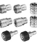 Heavy Duty Stainless Steel Pressure Washer Adapter Set With Swivel M22 14 And 15 Mm To Three Eighths Inch Quick Connect And Three Fourths Inch To One Half Inch Quick Release Eight Piece Kit For Easy Leak Free Connections displayed in a set