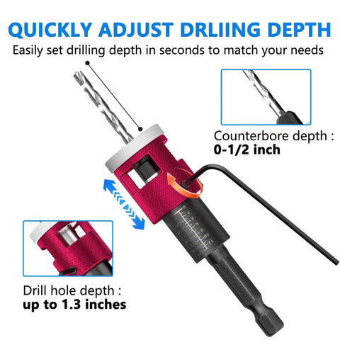 BURMONG 5-piece countersink drill bit set with adjustable depth stop and 1/4-inch hex shank, angled front view