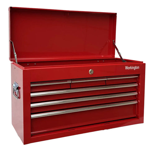 Red Beefy Portable Metal Tool Chest With Six Drawers, 24 Inch Tool Cabinet, Ball Bearing Drawer Slides, Central Lock, Open Lid