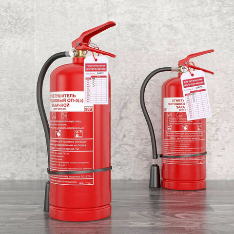 Bulk Fire Extinguisher Inspection Tags Kit With 200 Tags, 200 Adjustable Zip Ties, and 200 Monthly and Annual Safety Tags for Fire Equipment, 4.2 by 2.1 Inch displayed on fire extinguishers