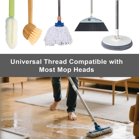 Universal thread system compatible with multiple mop heads, featuring an aluminum threaded mop handle end repair kit.