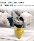 Side view of 2-pack 3-in-1 diamond step core drill bits mounted on an angle grinder for drilling marble tile (20/35/50 mm).