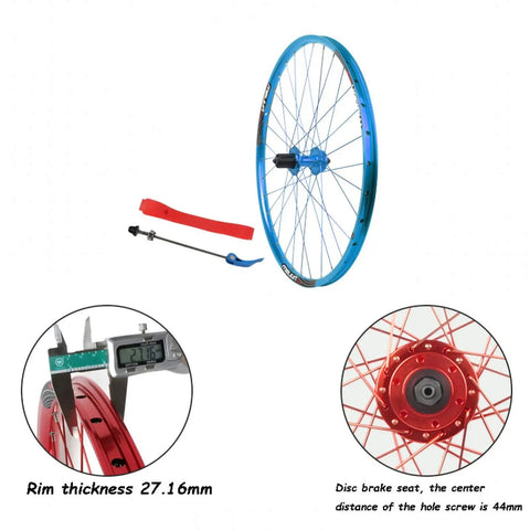 26 Inch Ride Ready Bicycle Wheel Set With Double Deck Rim Aluminum Alloy showing blue rim and red hub details