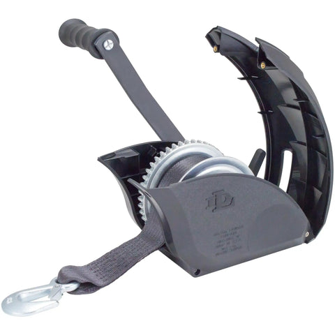 Heavy Duty Boat Trailer Winch With 1500 Lb Capacity, Full Cover Rust Resistant Finish, Horizontal Pulling And Lifting For Small Crafts, 20ft Strap, 9.5 Inch Handle, Reversible Ratchet With Freewheel, Made In USA, front view with strap and hook