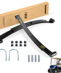 Heavy Duty Golf Cart Rear Leaf Spring Kit For EZGO RXV 2008 2013 With 2 Leaf Tapered Springs Urethane Bushings Sleeves And U-Bolts Replaces OEM 603498 604494 Fits Gas And Electric RXV Models, showing components and packaging