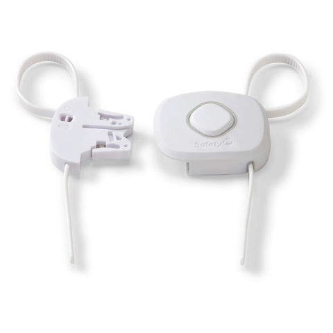 OutSmart Flex Lock White 4 Pack Childproof Cabinet Lock showing front view with hidden button and adjustable straps