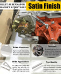 Adjustable Billet Alternator Bracket Kit For Chevy Small Block V8 With Long Water Pump Polished Aluminum Fits 305 327 350 383 5.0L 5.7L Engines For V Belt Hot Rod And Truck Builds - satin finish, installed on engine