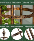 Close-up of a Metal Garden Obelisk Trellis For Climbing Plants Indoor Outdoor Use Powder Coated Steel Built To Last In All Weather Weatherproof And Rust Resistant Floral Pattern Antique Copper Finish Eleven Inch Diameter Seven Foot Tall Stainless Hardware with decorative finial.