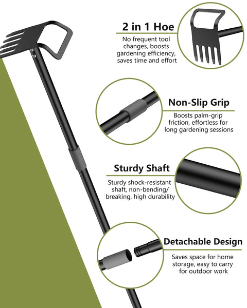 60 Inch Adjustable 2-In-1 Garden Hoe With Ultra Sharp Blade and Tines for Weeding and Soil Loosening, ergonomic handle