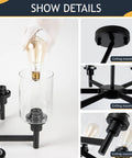 Black Farmhouse Chandelier With Six Clear Glass Shades Hanging Over Dining Table Featuring Sturdy Metal Frame And Sleek Modern Design That Hits Different For A Killer Centerpiece Vibe In Any Home Space, showing light bulb installation and glass shade details.