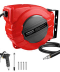 Retractable Air Hose Reel With One Quarter Inch By Fifty Feet Hybrid Polymer Hose, Auto Rewind, Wall Mount, Dark Gray And Red