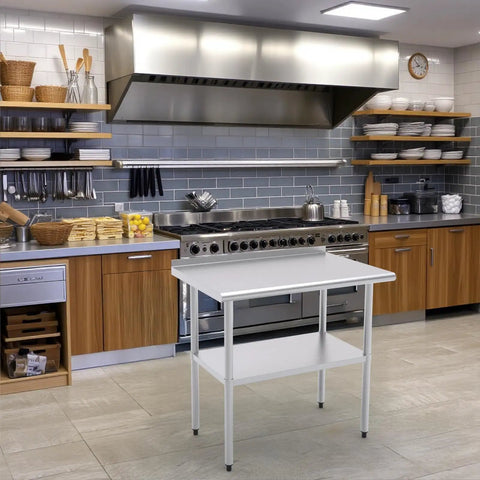 Stainless Steel Work Table With Back Panel And Undershelf 36 Inches Built Tough For Kitchen Restaurant Garage Or Workshop Scratch And Rust Resistant Easy To Clean NSF Certified in kitchen setting