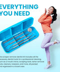 At Home Plaque Remover Kit With Stainless Steel Dental Tools in aqua case, mirror, picks, scraper, and scaler displayed.