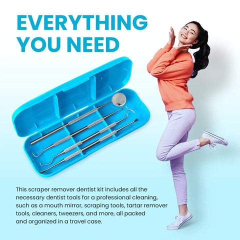 At Home Plaque Remover Kit With Stainless Steel Dental Tools in aqua case, mirror, picks, scraper, and scaler displayed.