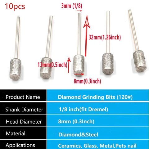 Pro Grade Beast Diamond Grinding Bit Set For Rotary Tools 8mm Head With 1 Eighth Inch Shank 10 Pc Burrs displayed with dimensions