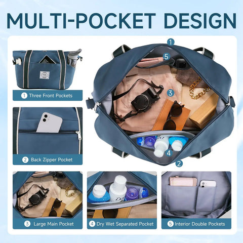 Travel Duffle Bag For Everyday Getaways Foldable Waterproof Weekender Carry On With Wet Compartment And Detachable Shoulder Strap, multi-pocket design