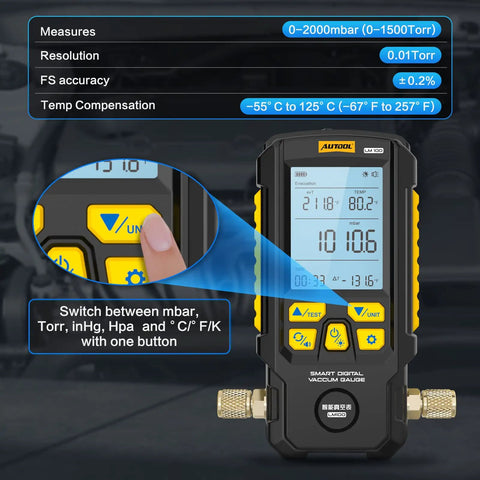 Digital Vacuum Gauge For HVAC With Leak Test And Evacuation Mode, 0-2000 mbar Range, Auto Evacuation For Moisture Removal, Real-Time Delta P Tracking, Four-Unit Display For Quick Pressure Checks on handheld gauge