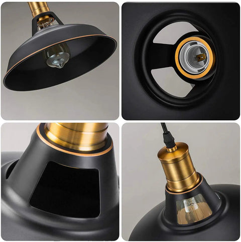 Close-ups of Industrial Farmhouse Pendant Light Three Pack With Oil Rubbed Black Finish, showcasing fixture and cord details.