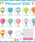 Colorful Hot Air Balloon Cutouts Kit 60 Pcs with 5 adhesive dot sheets, showcasing 12 styles and sizes for classroom and office decor.