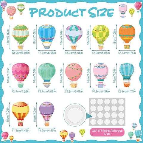 Colorful Hot Air Balloon Cutouts Kit 60 Pcs with 5 adhesive dot sheets, showcasing 12 styles and sizes for classroom and office decor.