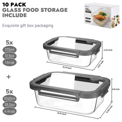 10-Pack Glass Food Storage Containers With Tempered Lids For Meal Prep And Leftovers, BPA Free, Gray lid detail, sizes shown