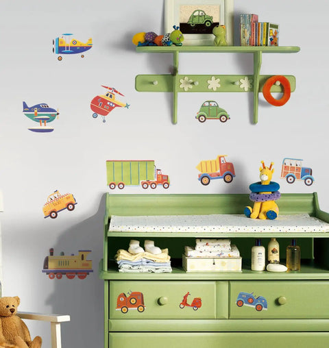 Transportation Peel And Stick Wall Decals Set Of 26 Beep Beep Wheels And Cars Theme Easy To Apply Removable And Repositionable