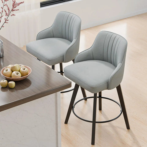 Swivel Bar Stool With Back Rest 26 Inch Counter Height Gray Linen Fabric Upholstered Seat Comfy Cushioned Comfort Solid Wood Legs Easy Clean Upholstery Ideal For Kitchen Island Bar Or Breakfast Nook