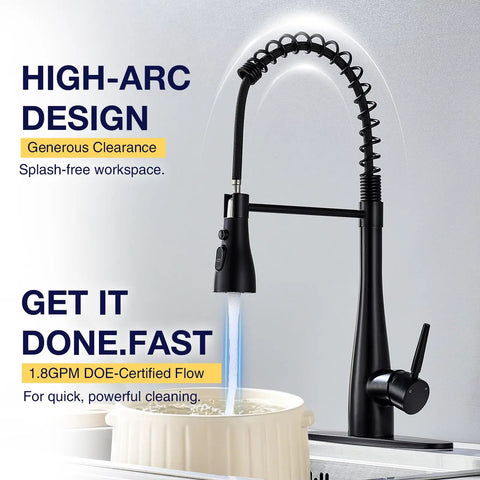 TOYWIA Kitchen Faucets with Pull Down Sprayer, High Arc Single Handle Classic Stainless Steel Sink Faucet 1 or 3 Hole, Suitable for Farmhouse Camper Laundry Rv Bar, Matte Black with pull-down sprayer and high-arc design.