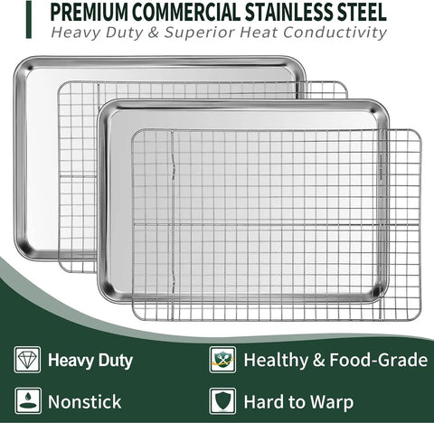 Quarter Sheet Pan With Cooling Rack Set Two Baking Sheets And Two Wire Racks Stainless Steel Rust Resistant Nonstick for Oven