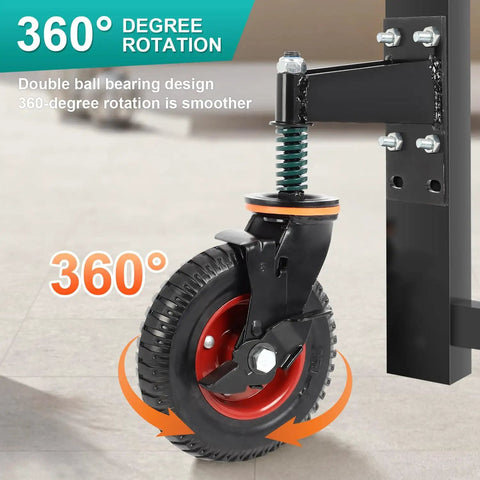 Eight Inch Gate Wheels With Brake 360 Degree Swivel Spring Loaded 600 Lbs Capacity Built Tough Gate Wheel close-up view
