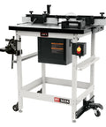 Pro Grade Router Lift With Cast Table Kit Featuring Hella Smooth Above The Table Adjustments Built Like A Tank For Serious Crafters Paired With Heavy Duty Wheels And Modular Fence System on a sturdy white frame with caster wheels.