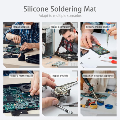 Image showcasing the use of Extra Large Silicone Soldering Mat 21.6 By 13.8 Inches, Heat Resistant Up To 932 Degrees Fahrenheit in various repairs.