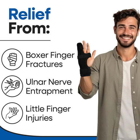 Man wearing an adjustable metacarpal finger splint for hand support and straightening, right hand, size S M, with relief text.