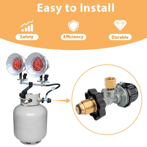 Tank Top Propane Regulator Valve Kit For Portable Heaters That Plays Nice With SunRite SRC15T SRC30T Dura Heat GR121 HD15 And MH Series Tank Top Heaters Replacement Parts shown with gas cylinder connection