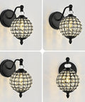 Lumestary 1 Piece Black Crystal Globe Wall Sconce, 1-Light Matte Black Finish Wall Sconce for Bathroom Bedroom Living Room, Vintage Vanity Light, with a grid design and crystal detail.