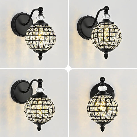 Lumestary 1 Piece Black Crystal Globe Wall Sconce, 1-Light Matte Black Finish Wall Sconce for Bathroom Bedroom Living Room, Vintage Vanity Light, with a grid design and crystal detail.