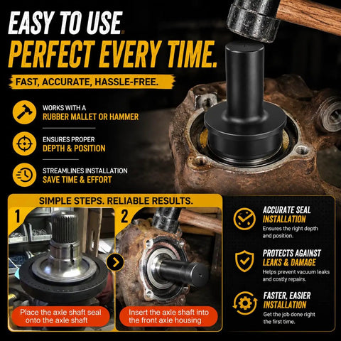 Front Axle Shaft Oil Seal Installer Tool For Ford F250 And F350 4X4 Trucks 2005 Plus showing installation process with hammer.
