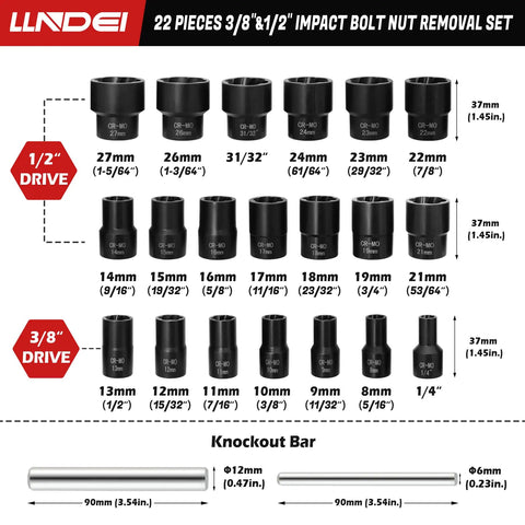 Heavy Duty Lug Nut Remover And Bolt Extractor Set One Half Inch And Three Eighth Inch Drive Tough As Nails For Removing Damaged Bolts Chrome Molybdenum Steel showing 22-piece set with sizes.
