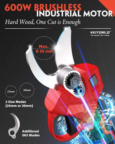 Two In One Cordless Pole Pruner With 15 Ft Reach Brushless Motor Dual 2000mAh Batteries, showing blade size options of 25mm and 30mm.