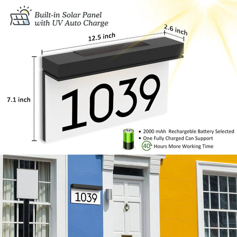 Solar Powered Outdoor Address Sign With Waterproof LED Illumination 6000K Daylight White House Numbers Plaque on blue wall