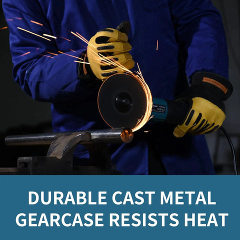 Person using Powerful 7.5 Amp Corded Angle Grinder With 11,000 RPM For Metal Cutting And Grinding, Four And A Half Inch Tool