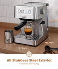 Cafe Quality Home Espresso Machine With 58mm Portafilter And Milk Frother 20 Bar Pump Compact Stainless Steel Espresso Maker on counter