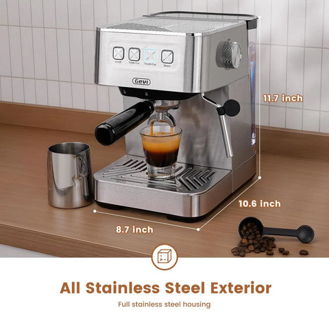 Cafe Quality Home Espresso Machine With 58mm Portafilter And Milk Frother 20 Bar Pump Compact Stainless Steel Espresso Maker on counter