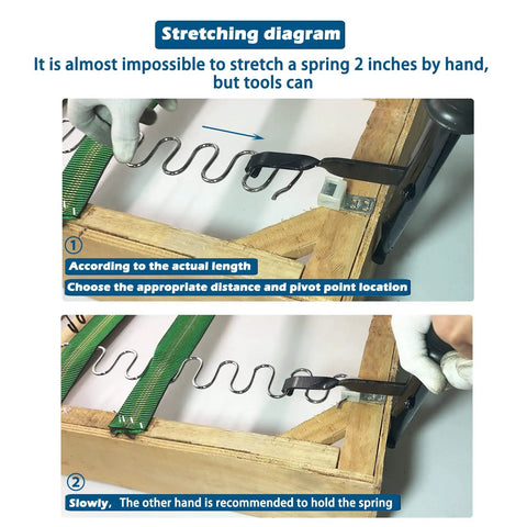 Stretching diagram for Top Access Universal Upholstery Spring Stretcher Lever Kit showing proper handling and spring installation technique.