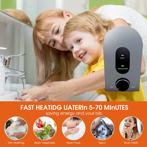 Mother and child using sink with Instant Mini Electric Water Heater 110V Under Sink Tank, promoting fast heating and energy saving.