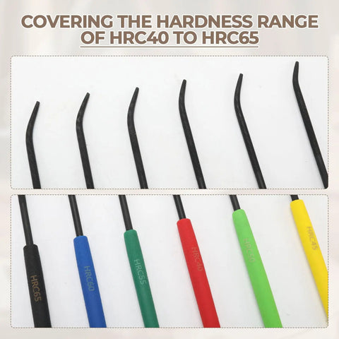 Six-Piece HRC40 To HRC65 Hardness Tester File Set With Color-Coded Handles, 7.1-Inch Carbon Steel Files, Heavy-Duty Pro-Grade Metal Hardness Testing Kit For Industrial QC, Machining, Tool Manufacturing, Includes Oxford Storage Bag.