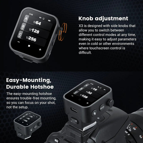 X3S Wireless Flash Trigger For Sony Cameras With 2.4G X System featuring knob adjustment and easy-mounting durable hotshoe