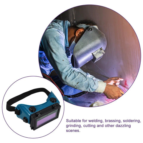Heavy Duty Auto Darkening Welding Goggles With Clear Blue Lens For Arc And TIG Welding used by a worker during a welding task.