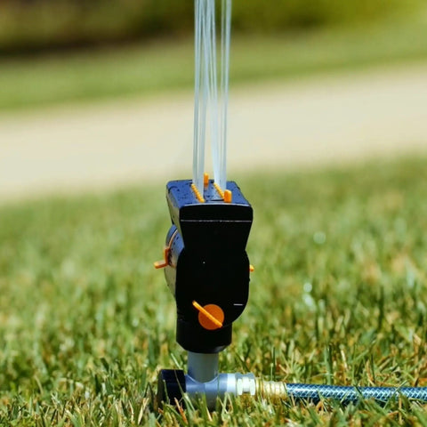 MiniMax Turbo Oscillating Sprinkler On Step Spike With Quick Connect Bundle for full coverage on lawn with water jets.